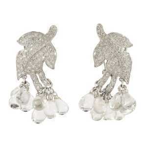 One Pair of 18k White Gold, Round Brilliant Diamond and Rock Crystal Tassel Earrings